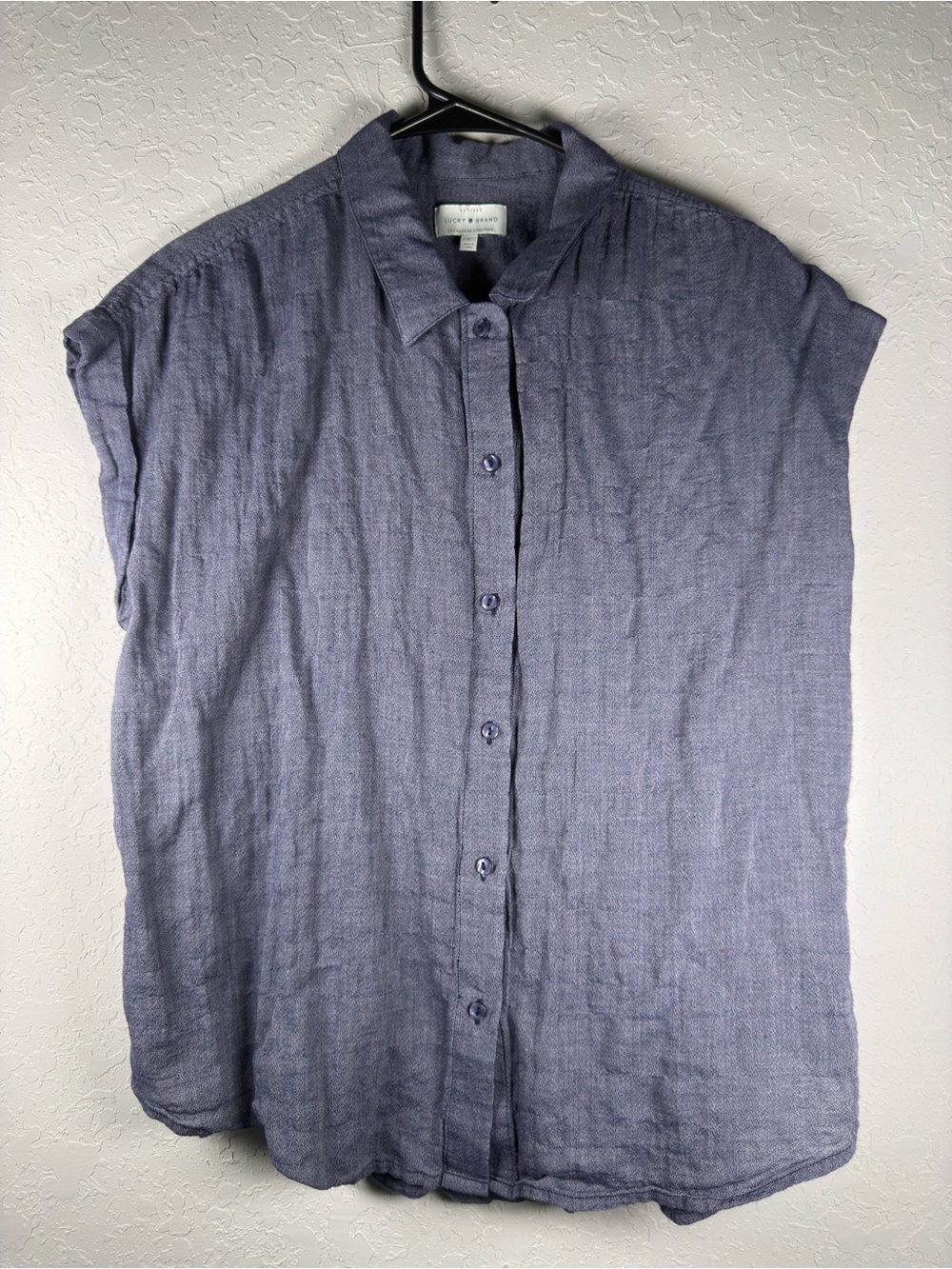 Lucky Brand Blue Textured Button Front Short Sleeve Blouse Large